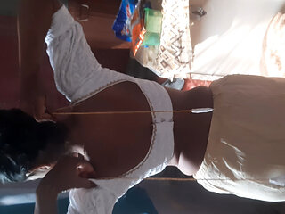 Stepsister is trying to touch stepbrother sister wearing blouse bra saree after taking open bathroom bath
