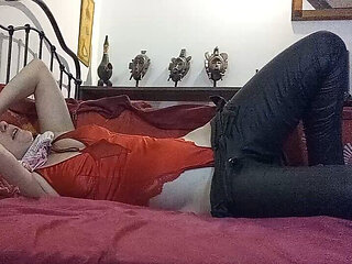 French Amateur Who Wears Satin Outfit with Stockings and High Heels