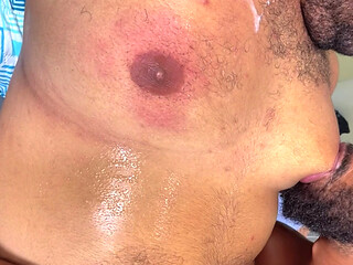 chubby gay man having his nipples sucked very hard