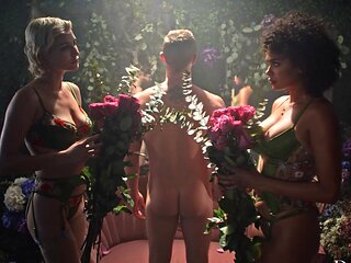 Two girls in lingerie share a big cock in an intense ffm threesome