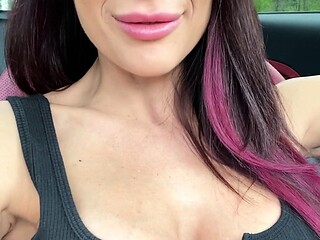 Busty curly brunette with big boobs fucks on couch
