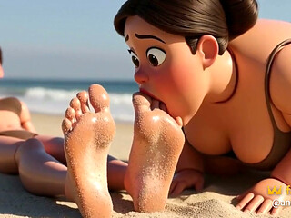 Fat Woman Licking Sandy Feet of Skinny Girl - Beach Humiliation