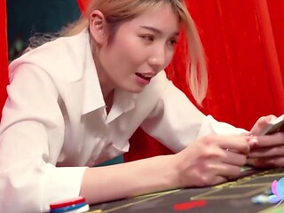 Sexy Slim Blonde Asian Babe Gets Sneakily Fucked By Her BF While Playing Poker