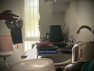 Stepmother doing maid chores, naked