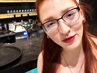 Amateur German redhead girlfriend gives sloppy blowjobs in a restaurant
