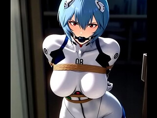 Rei Ayanami in white suit tightly bounded by rope