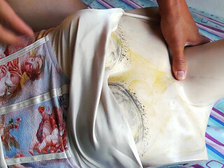 Pleasuring my Cock on a Slutty cream Satin Dress
