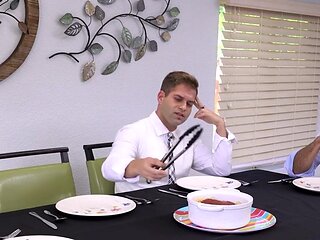 Family dinner ends up with a relentless pussy fucking