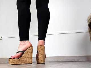 Shoe Collection: Barefoot in Platform Toe-thong Wedges - Dame Olga (4k) (649)