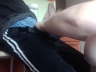 A fat woman naked jerks off my cock to a cumshot in the kitchen