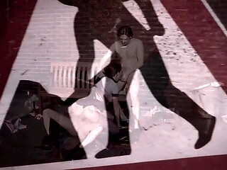 A super slutty brunette girl was banged by these two lucky studs on the bench