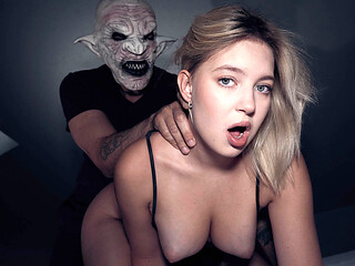 Young Beauty Fucks Scary Monster with Huge Dick on Halloween Night
