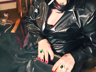 Head To Toe In Leather Miss Tina Snua Smokes A Cork Cigarette For Her Fan - Smoking Smoker BBW Cougar