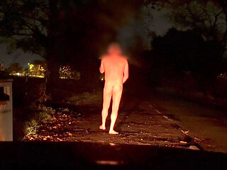 Almost caught naked barefoot wanking in public , hide behind a tree and a bin