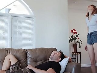 Tall teen Lena Anderson rides huge cock in reverse cowgirl - skinny blonde takes it deep