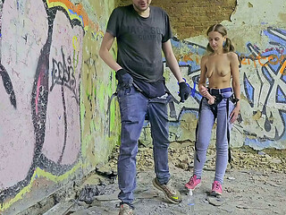 Dominatrix girl pegging anal man outdoor dangerous sex in an abandoned building amateur