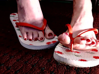 Red Toenails Flop Flops Mature Feet