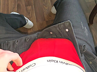 Red Calvin Klein bulge gets slowly stroked while colleagues are two meters away