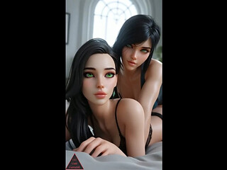 Two green-eyed brunettes hornyly share a lucky guy's cock in a steamy
