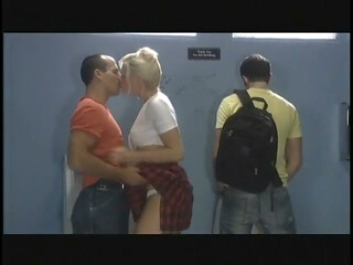 Horny barbie babe in a sexy plaid skirt rides on a cock real hard