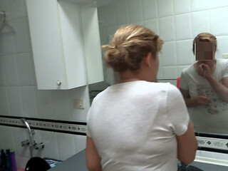 Stepmom, after peeing, masturbates, gives me a blowjob, and we end up fucking. I cum inside her.