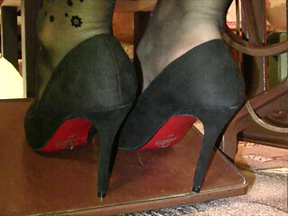 Vintage_sewing on My Granny's Old Sewing Machine in Black Pantyhose and Suede Louboutins