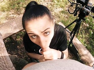 Black Lynn Delivers Outdoor Blowjob with Deep Sucking and Full Swallow Backstage in POV