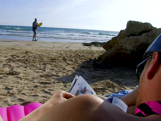 Young girl sunbathing on the beach, picked up and fucked by two men