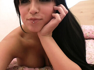 Lovely and stacked teen with dark hair shows off her busty, youthful jugs