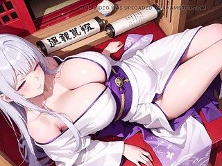 Silver-haired Miko Shrine Secrets! Half-unbuckled White Kimono, Getting down on all fours Poses and Mighty Eye Contact.