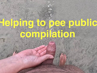 Girl helps to hold the dick while peeing public