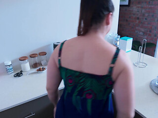 POV Stepmom Sucks and Fucks Stepson in the Kitchen to Creampie