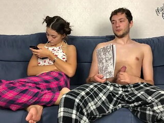 Step Brother Secretly Jerking off Close to Step Sister but She Caught Him! Th...