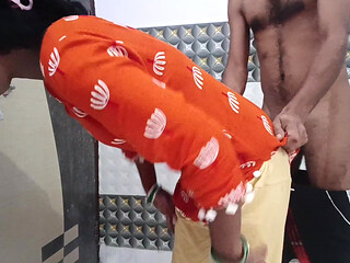 Hot Desi Messy Blowjob & Standing Dogy Style Sex Orange Dress
