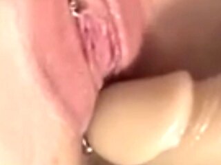 Horny MILF with Hairy and Pierced Pussy Masturbates with Big Cock Dildo. Long Nails Mature Cougar