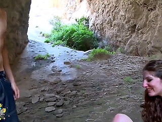 Young girl with huge tits gets a sloppy beachside blowjob from her