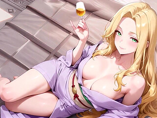 Blonde Boss in a Wet Purple Robe! Languidly Switching Between the Japanese Garden and Her Private Bedroom