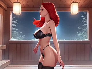 Cosplay. Jessica Bouncing Big Tits and Booty in the Sauna