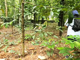 Housewife shows off big boobs and round ass in the jungle