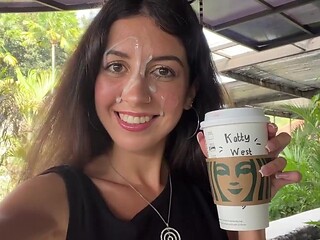 Cute brunette wants fresh semen in her Starbucks order