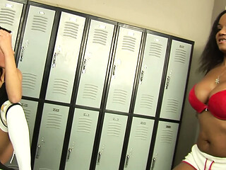 Gym Locker Room Threesome - Blonde, Ebony, and Brunette Share a Pink Toy