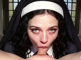 A skinny brunette nun hikes up her habit and fucks among the church flowers.[Ai]