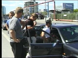 Amateur Redhead Slut Sucks and Fucks Three Big Amateur Cocks in Public
