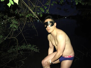 Flexing and Jerking off at Night by the Lake