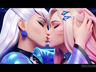 Ahri x Evelynn lesbian kissing (K/DA All out, League of legends/AI generated)