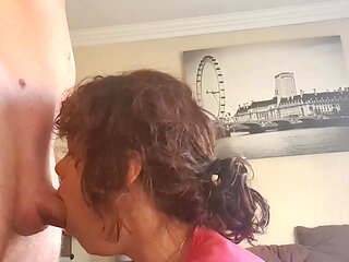 Girl in Pink Robe Sucking Cock and Giving Handjob Till She Cums