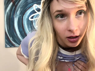 close up under shot of pussy taking BBC dildo and girl talking like a slut