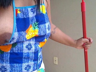 Hotwife Cleaning the Yard in Just an Apron and Slutty Panties