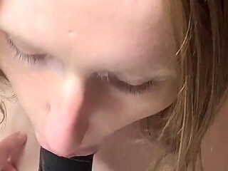 Blowjob on Big Black Dildo and Balls Sucking