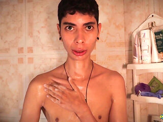 Hot Skinny Twink Jerking His Big Cock in the Shower Shooting His Thick Cum
